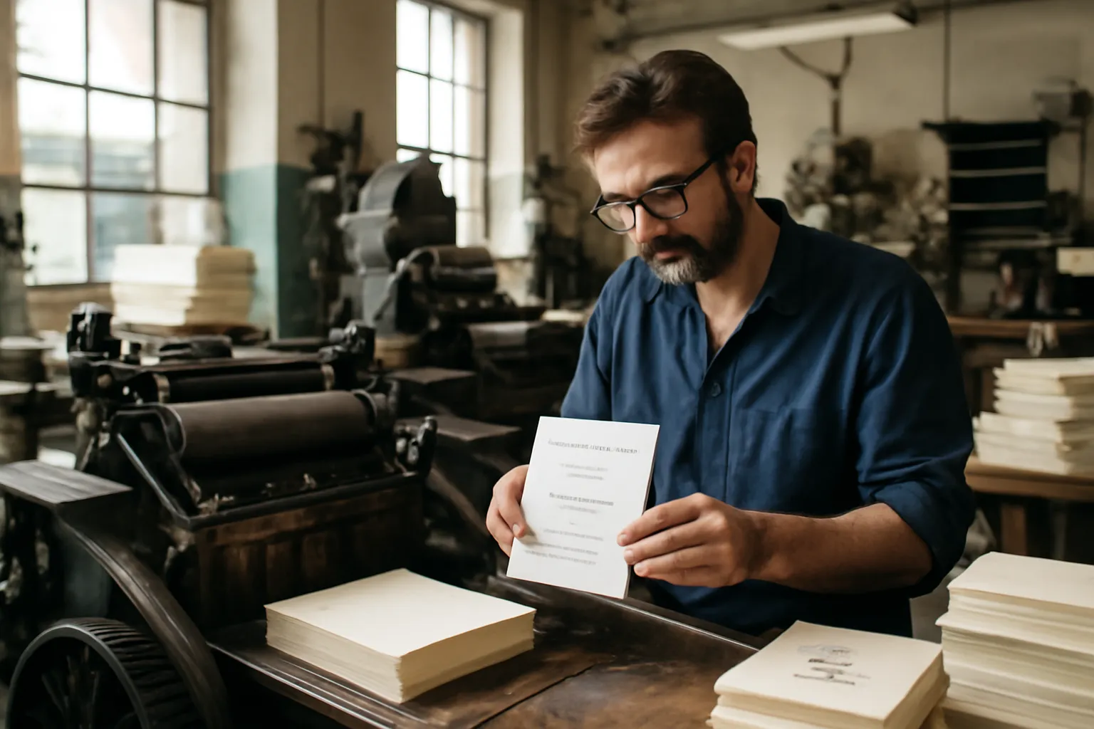Imprimeur alsacien travaillant sur des faire-part de mariage en atelier