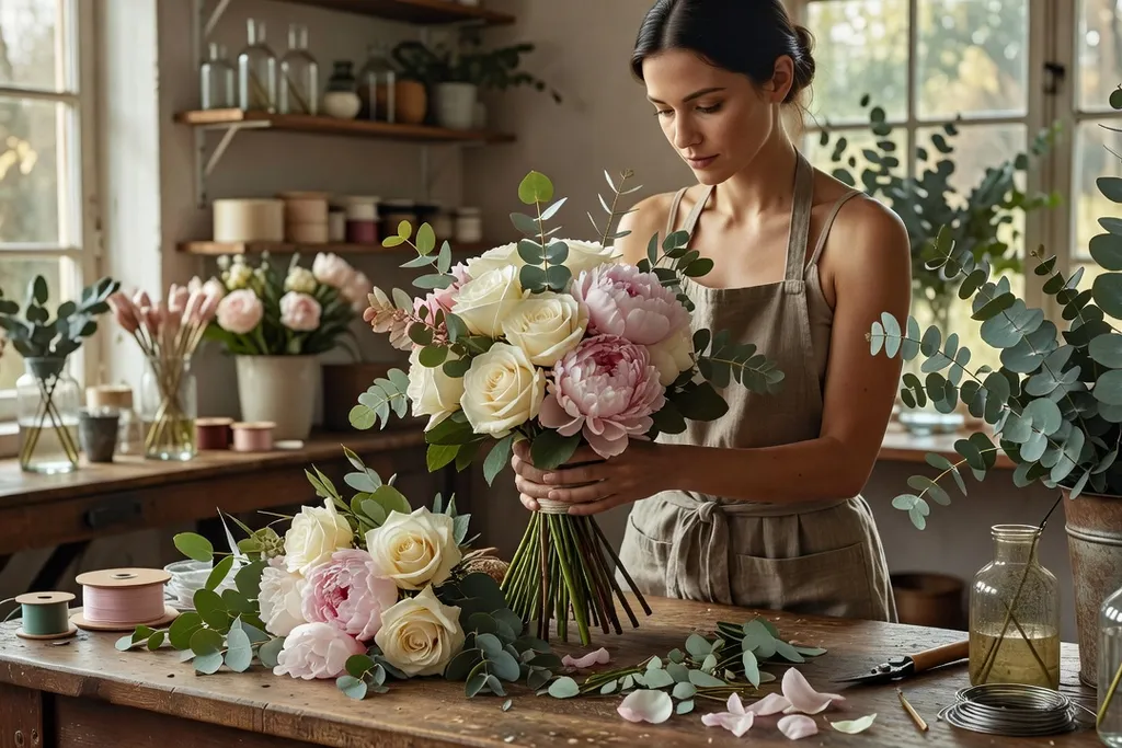 Fleuriste créant un bouquet de mariée avec roses et pivoines dans son atelier alsacien