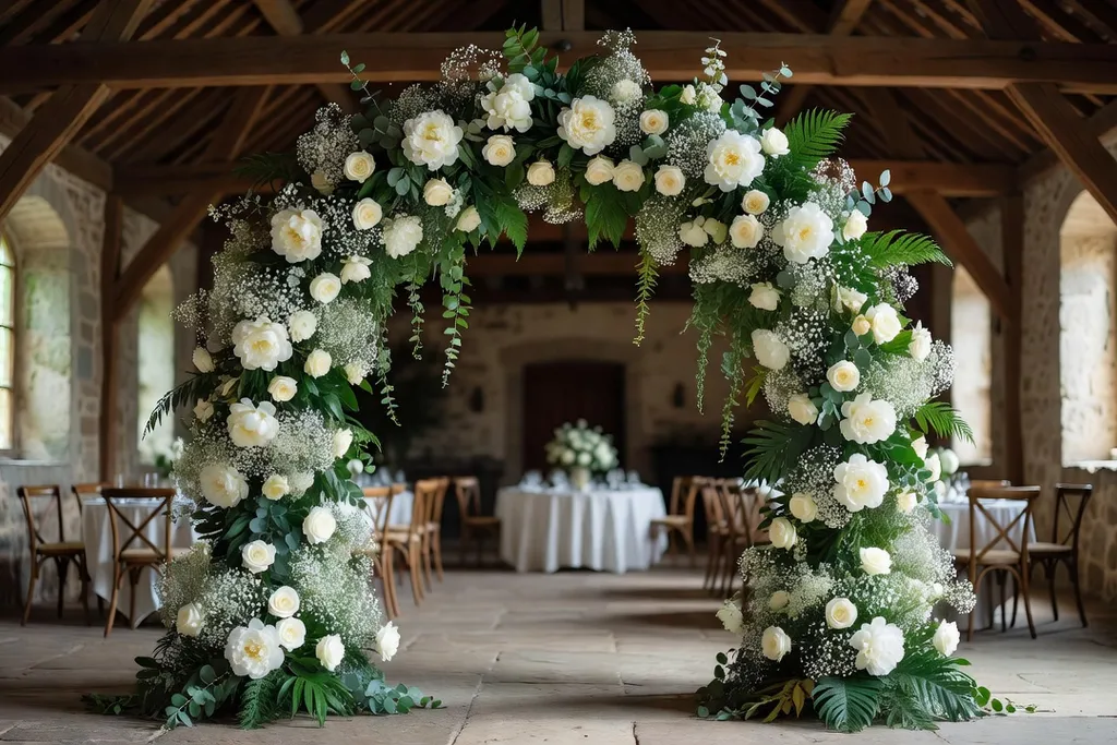 Installation d'une arche florale blanche et crème dans une grange alsacienne pour un mariage