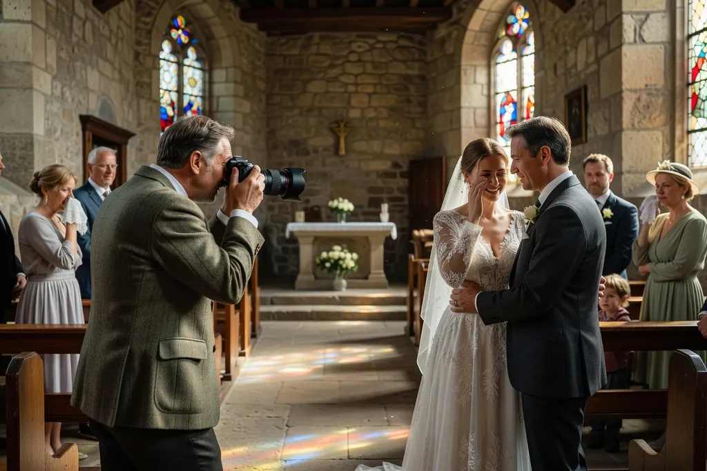 Photographe de mariage en action lors d'une cérémonie dans une chapelle alsacienne