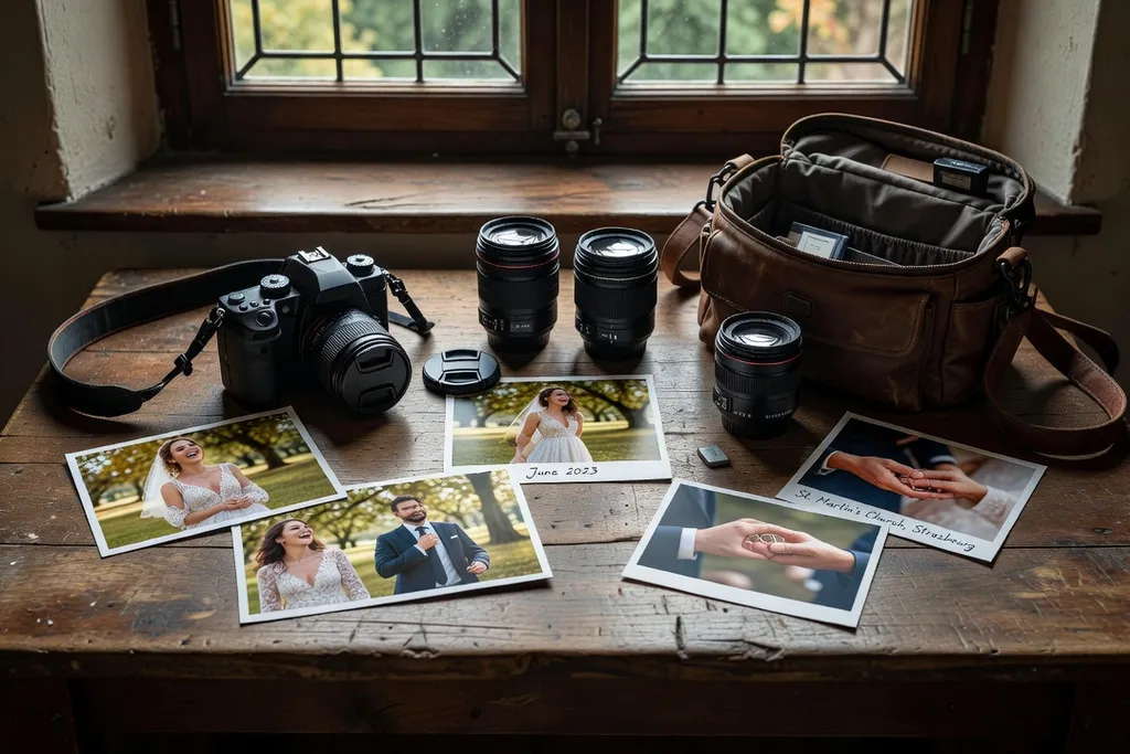 Équipement photo professionnel et photos de mariage sur une table en bois rustique