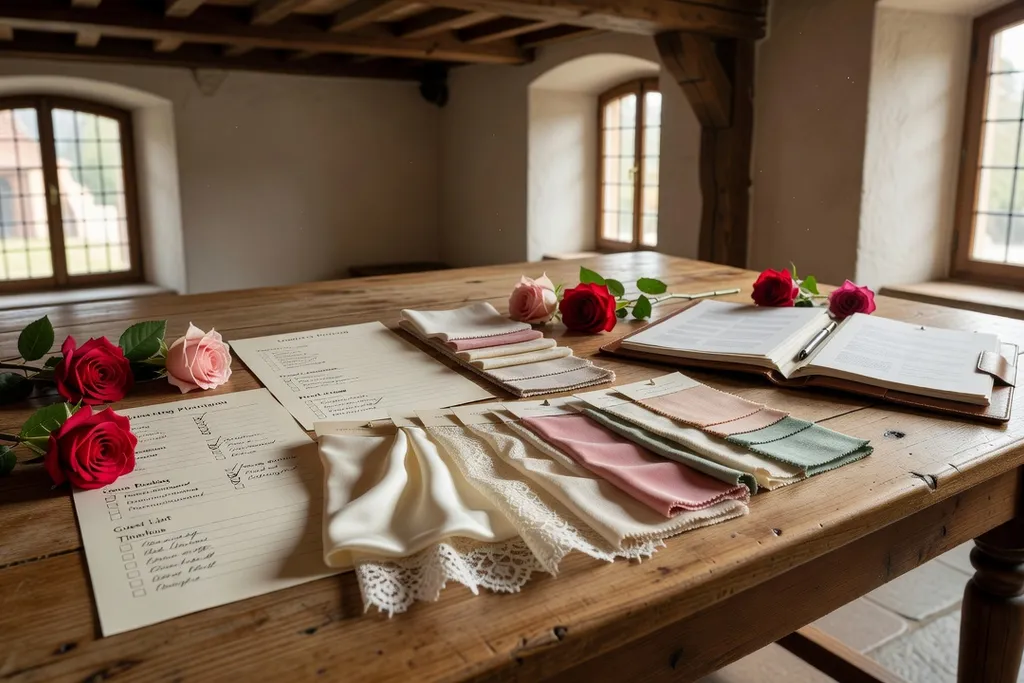 Planning de mariage détaillé avec échantillons de tissus et fleurs sur une table