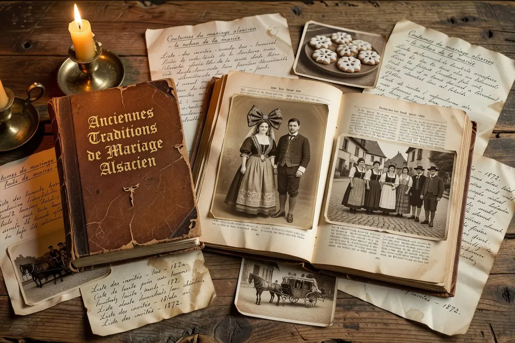 Livre de traditions de mariage alsacien et vieilles photos de famille sur une table rustique