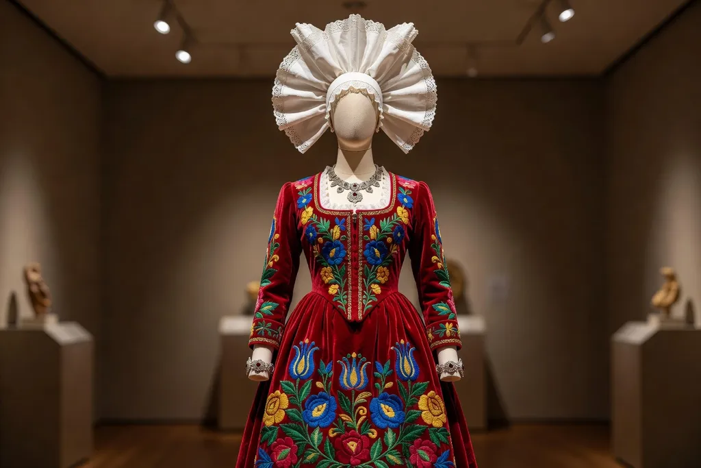 Costume traditionnel alsacien de mariage avec broderies et coiffe colorée exposé sur mannequin