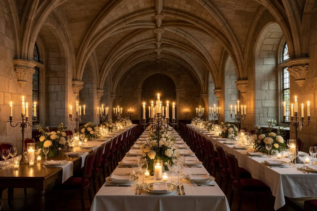 Salle de réception d'un château alsacien avec voûtes en pierre et longues tables de mariage