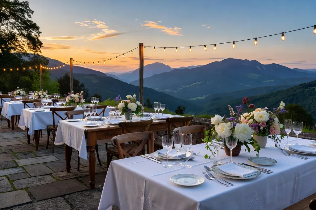 Terrasse de domaine alsacien pour réception de mariage avec vue panoramique sur les Vosges