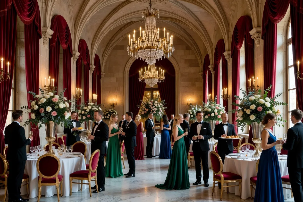 Salon d'apparat d'un château alsacien décoré pour un dîner de mariage