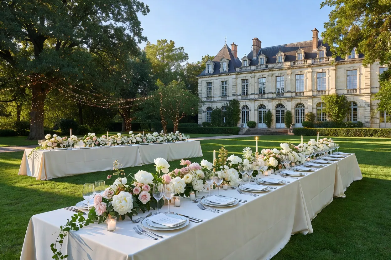 Parc arboré d'un château alsacien aménagé pour une cérémonie laïque en extérieur