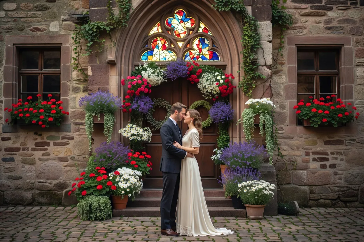 Salle des mariages d'une mairie alsacienne décorée pour une cérémonie civile