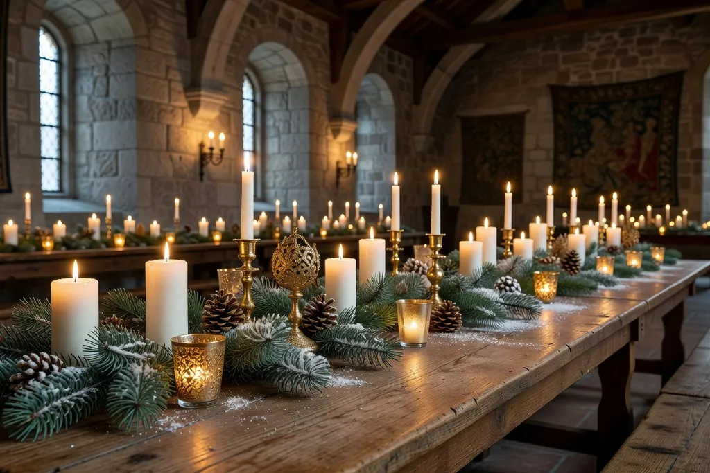 Décoration de table mariage d'hiver alsacien avec bougies et branches de sapin dorées
