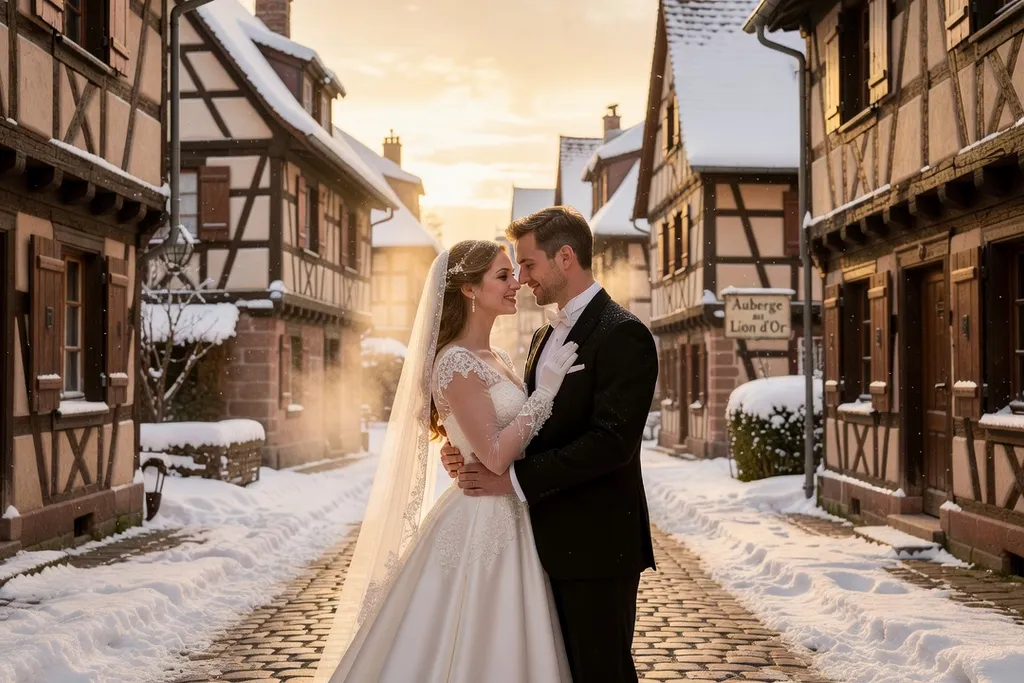 Mariés devant les maisons à colombages enneigées d'Alsace au coucher du soleil