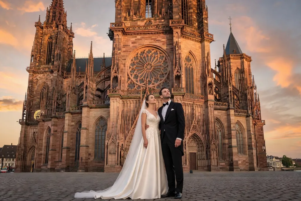 Couple de mariés devant la Cathédrale de Strasbourg en grès rose au coucher du soleil