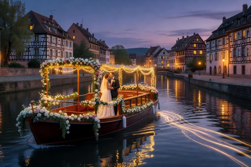 Bateau de mariage fleuri sur les canaux de Strasbourg La Petite France en soirée