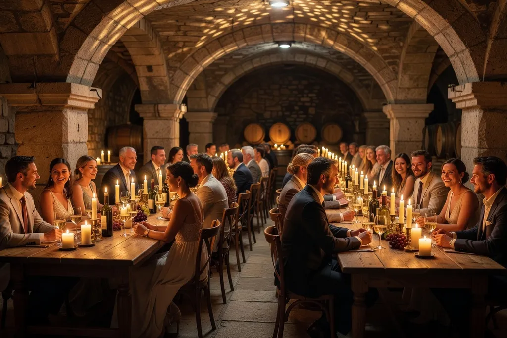 Réception de mariage dans une cave alsacienne avec arches en pierre et bougies