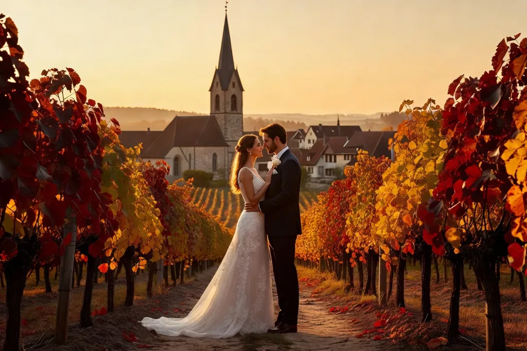 Couple de mariés dans les vignes alsaciennes au coucher du soleil en automne