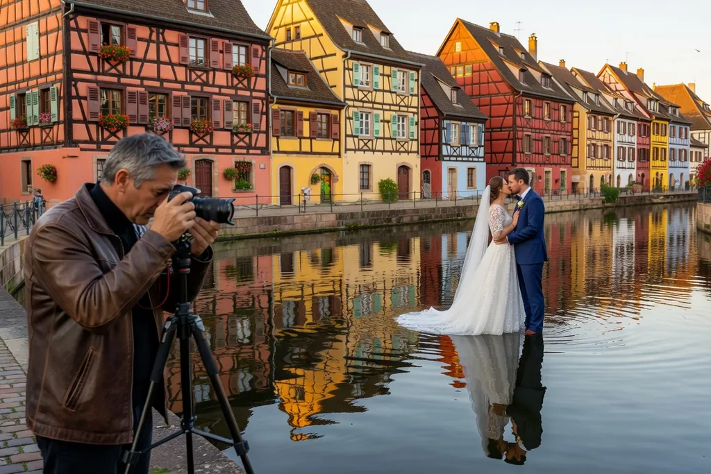 Photographe capturant le baiser des mariés dans le reflet des canaux de Colmar