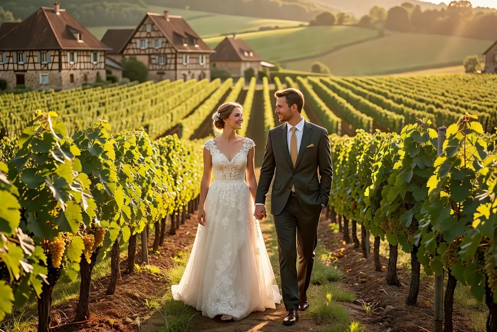 Séance photo de mariage dans un vignoble alsacien à l'heure dorée avec couple entre les rangs de vigne