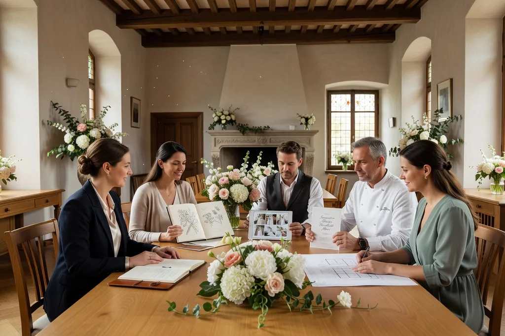 Équipe de prestataires mariage en consultation dans une salle de réception alsacienne élégante
