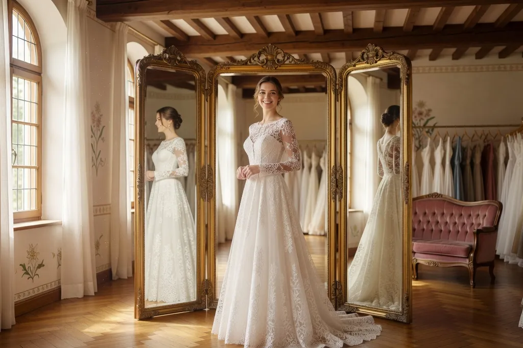 Mariée essayant une robe de mariée en dentelle dans une boutique de mariage alsacienne élégante