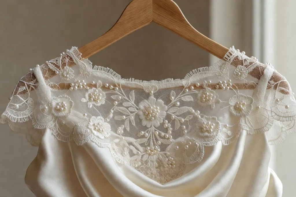 Détail de robe de mariée en dentelle avec broderies de perles et tissu en soie sur cintre