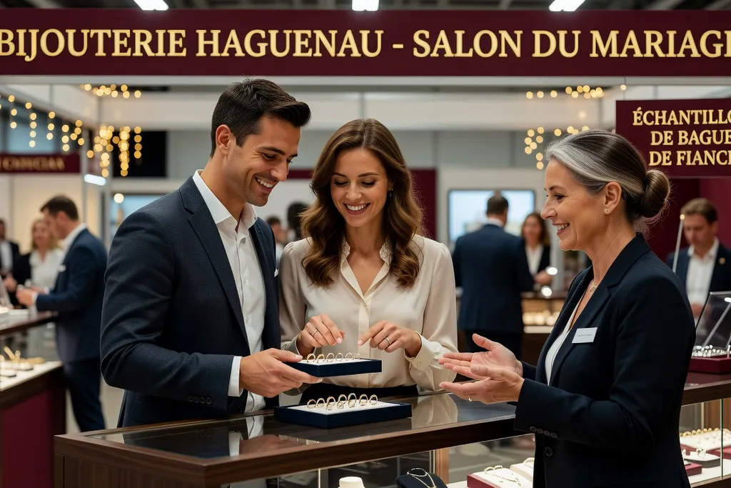 Couple heureux examinant des alliances chez un bijoutier au Salon du Mariage de Haguenau