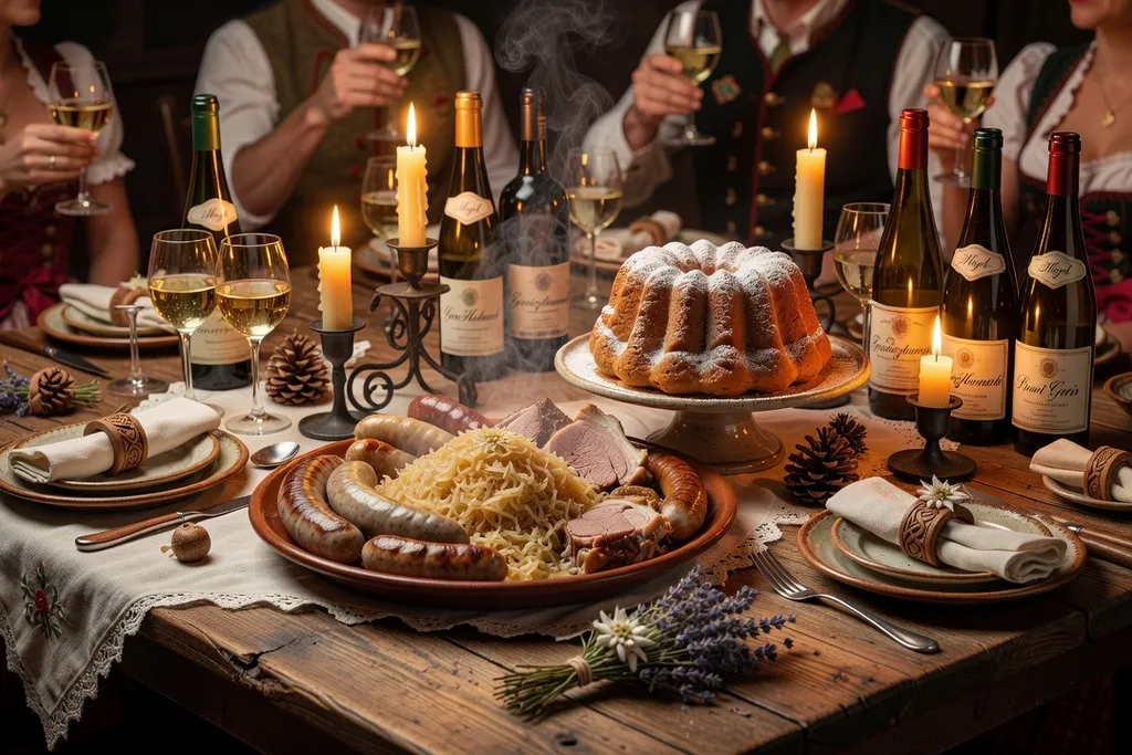 Table de festin de mariage alsacien avec choucroute, kougelhopf et vins d'Alsace