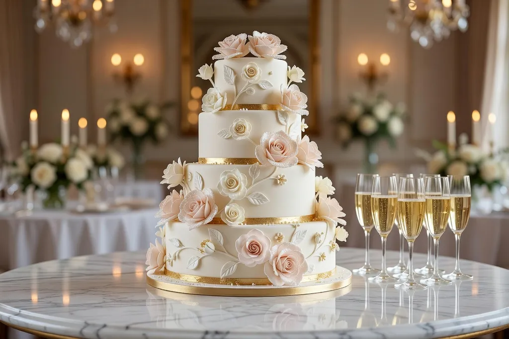 Pièce montée de mariage alsacienne élégante avec roses et touches dorées