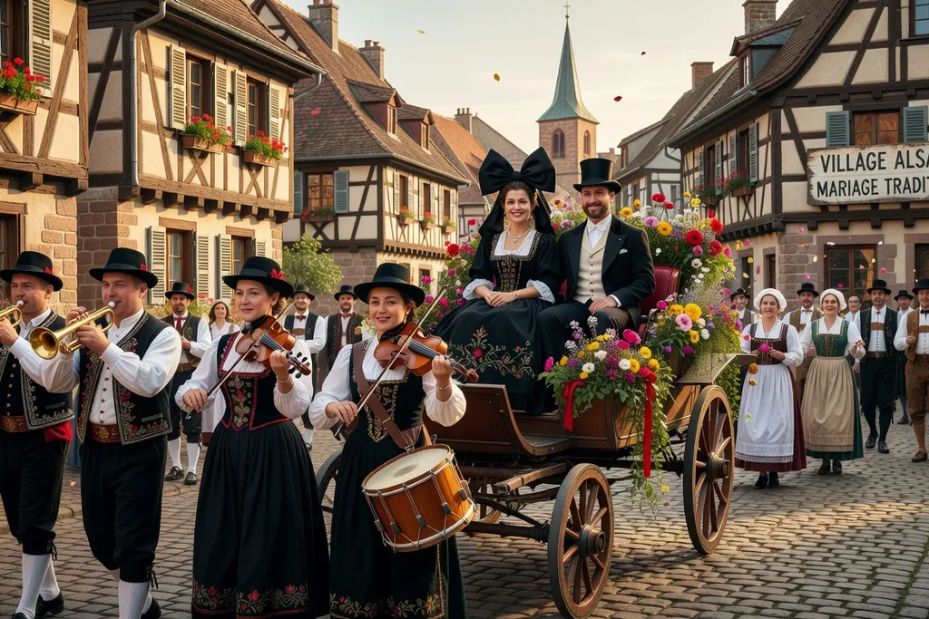 Cortège de mariage alsacien traditionnel avec musiciens folkloriques et participants en costumes historiques