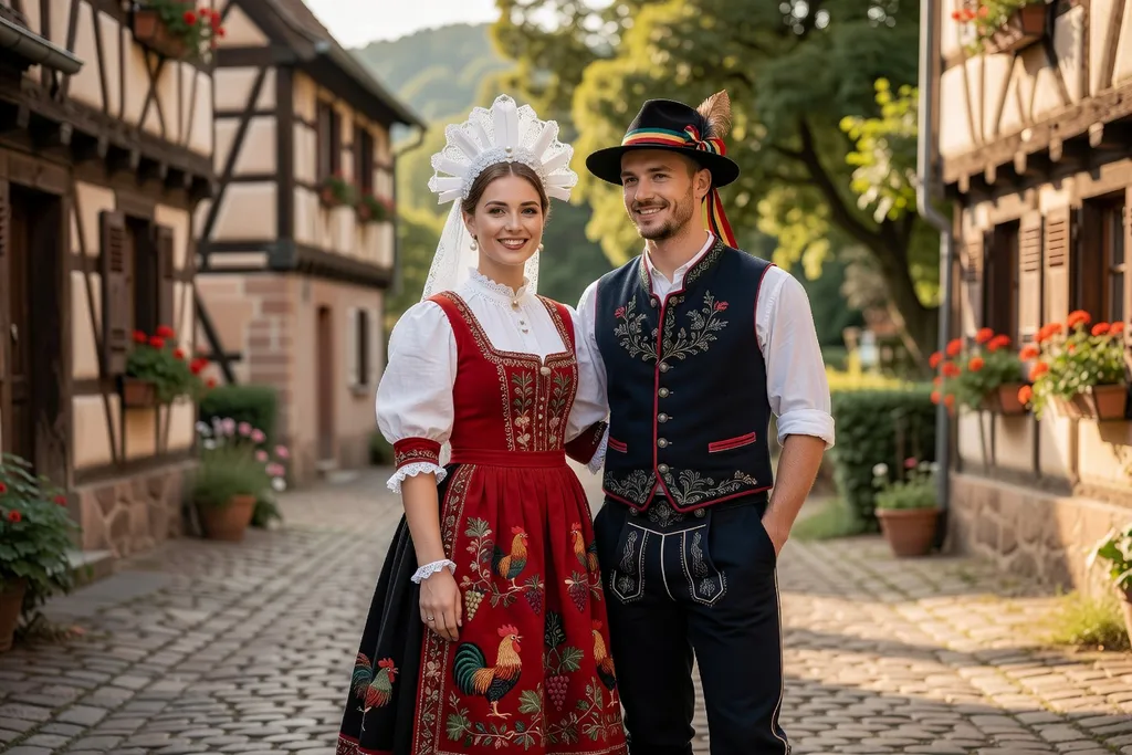 Couple en costumes traditionnels alsaciens de mariage avec broderies et décorations régionales