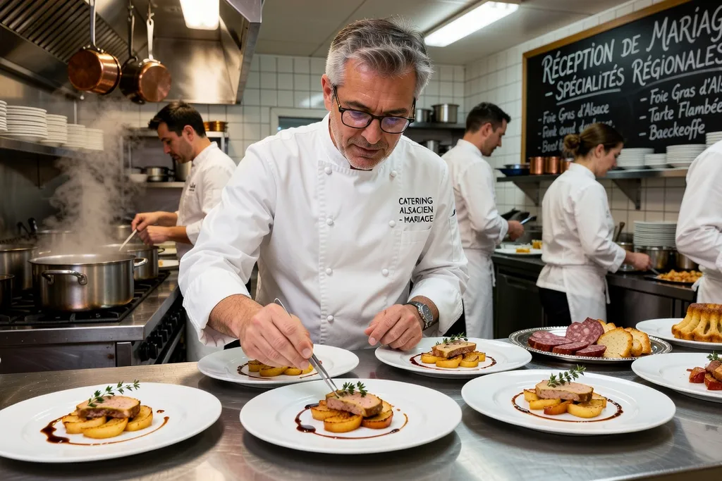 Traiteur alsacien expert préparant foie gras et spécialités régionales pour une réception de mariage