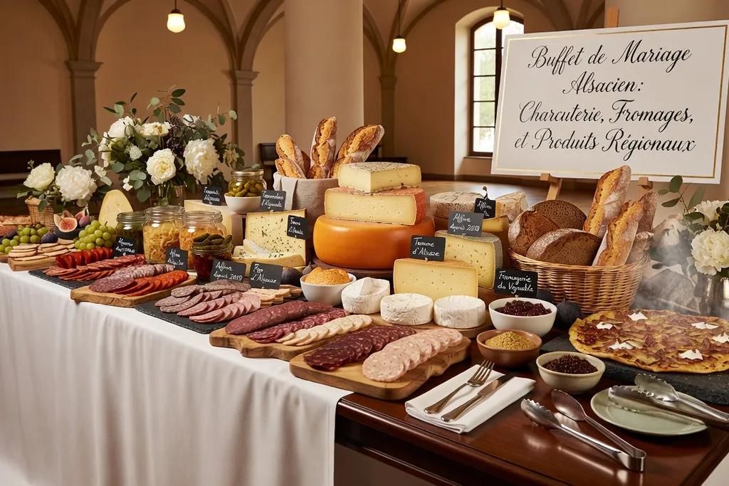 Grand buffet de mariage avec charcuterie alsacienne, fromages artisanaux et produits régionaux