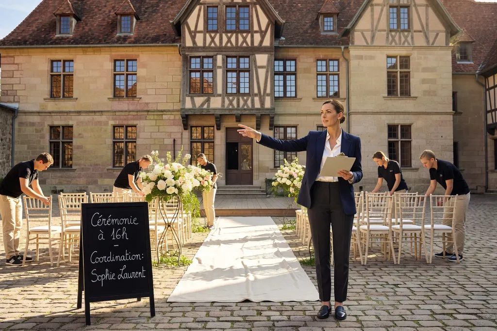 Wedding planner coordonnant la mise en place d'une cérémonie élégante dans la cour d'un château alsacien