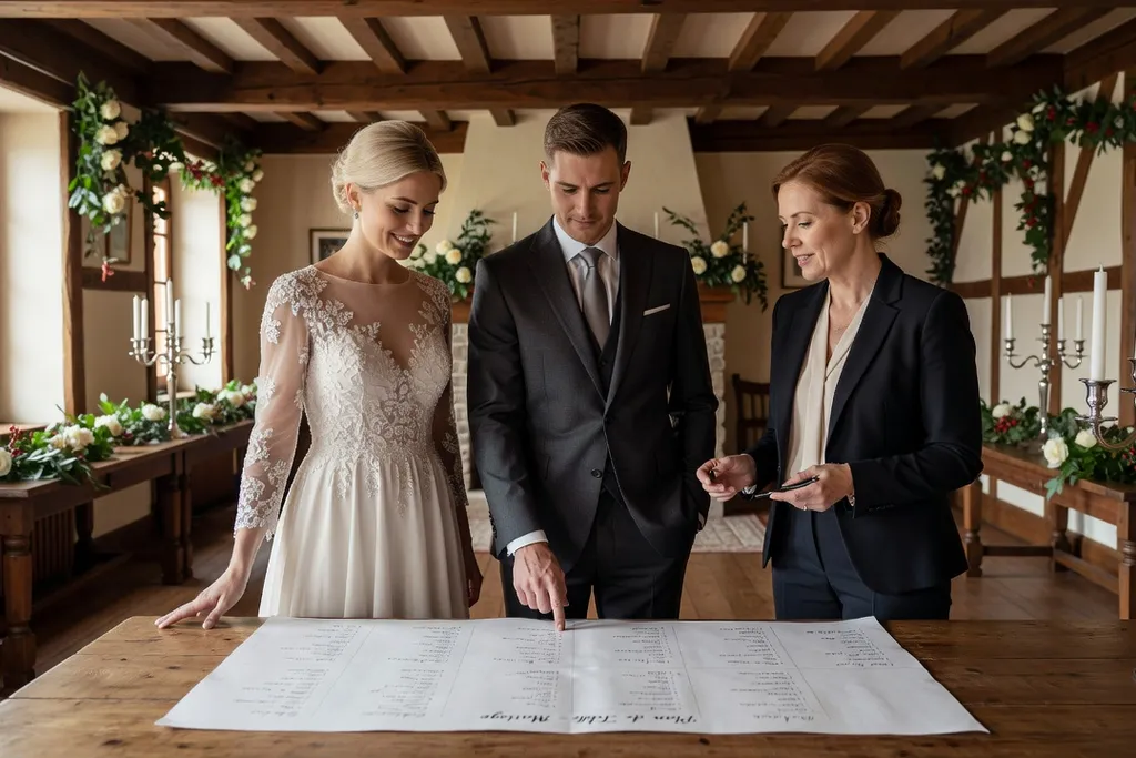 Couple de mariés révisant le plan de table avec leur coordinatrice de mariage dans un lieu alsacien élégant