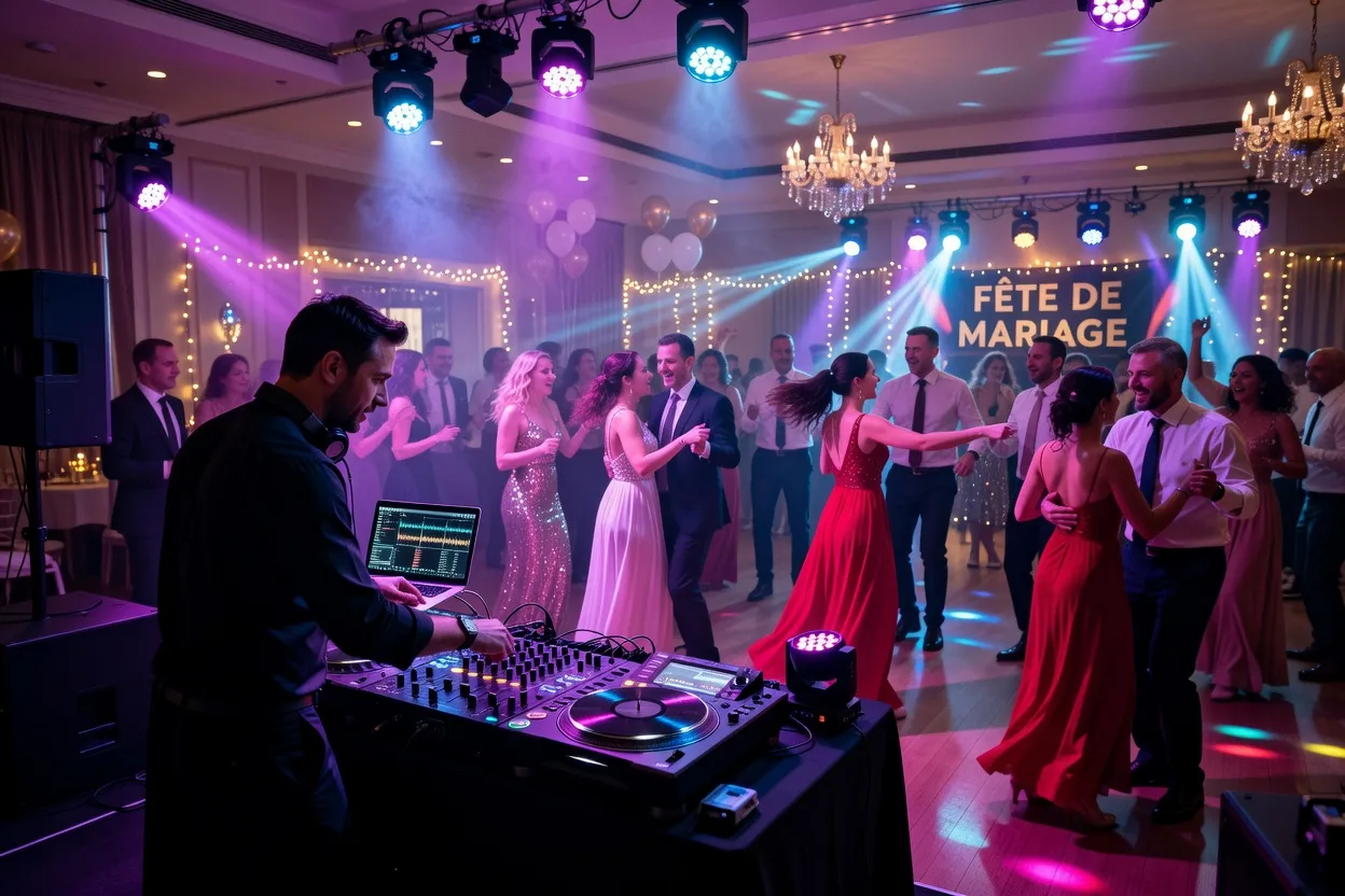 DJ de mariage aux platines dans une salle de réception alsacienne, ambiance festive