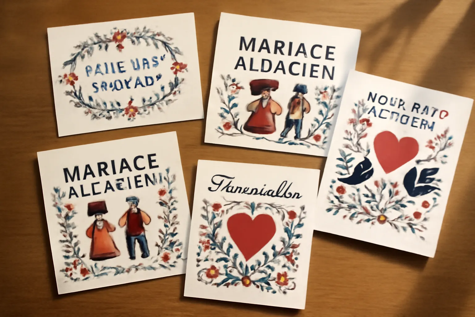 Faire-part de mariage avec motifs alsaciens posés sur une table en bois avec fleurs séchées