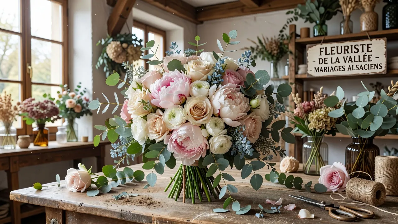Bouquet de mariée en Alsace composé de pivoines et de roses blanches avec feuillage vert délicat