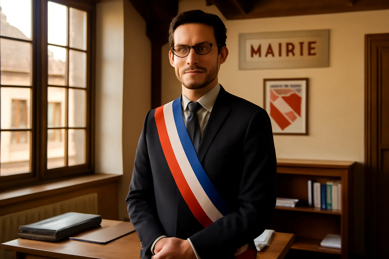 Officier d'état civil recevant un couple pour le dépôt du dossier de mariage en mairie