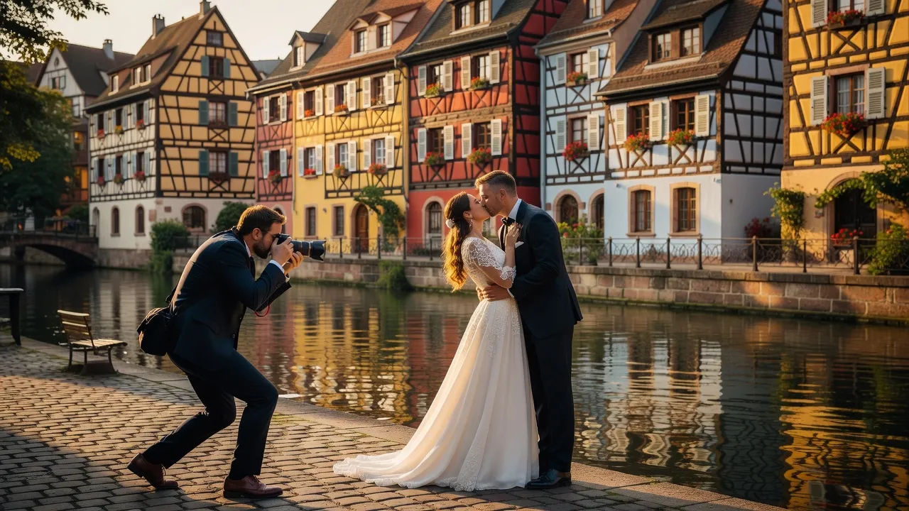 Photographe mariage en action devant les maisons à colombages de Colmar lors d'une cérémonie alsacienne