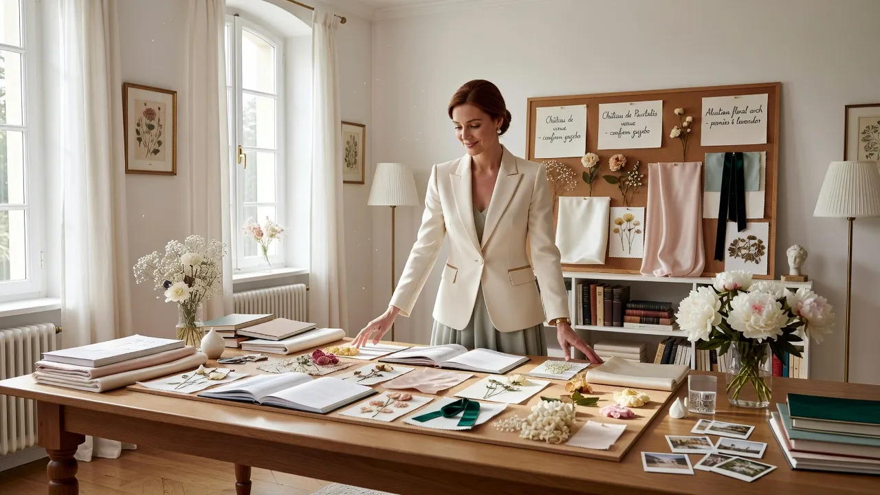 Wedding planner élégante en consultation pour un mariage alsacien, mood board et échantillons sur la table