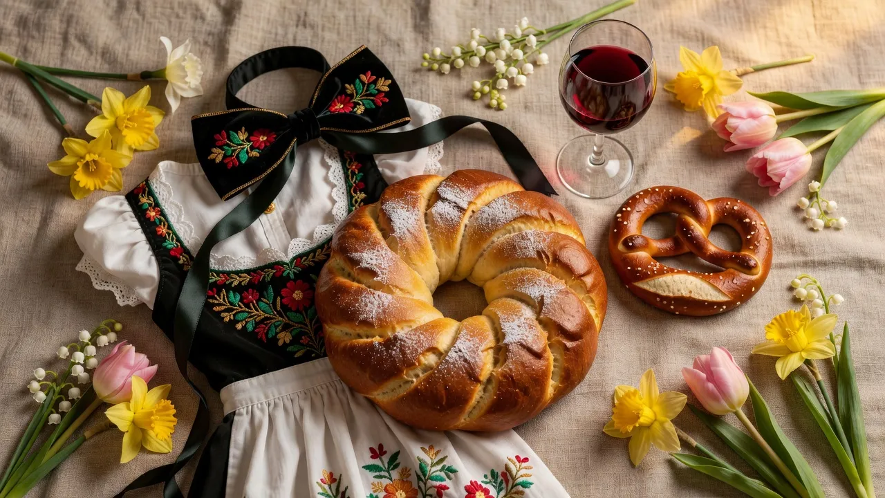 Symboles du mariage alsacien : kougelhopf, costume traditionnel, verre de vin, bretzel sur tissu en lin
