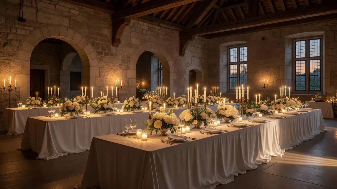 Grande salle de réception alsacienne décorée pour un mariage, avec poutres en bois et tables dressées élégamment