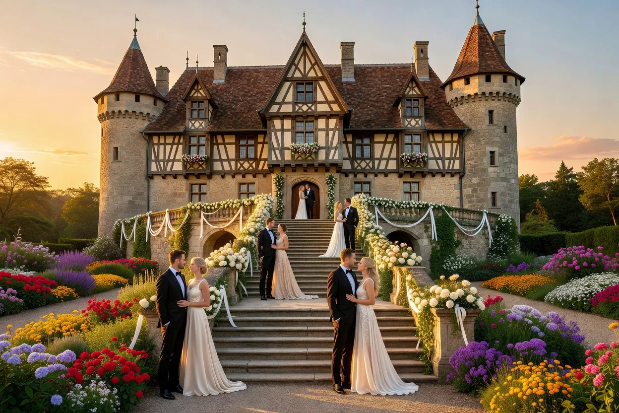 Château alsacien illuminé pour une réception de mariage en soirée