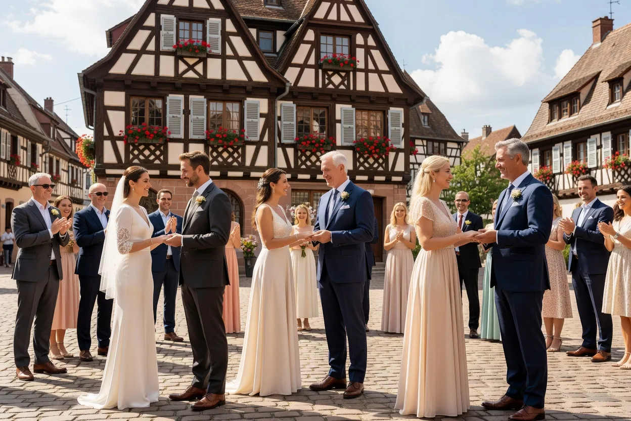Cérémonie de mariage civil à la mairie en Alsace, salle des mariages décorée