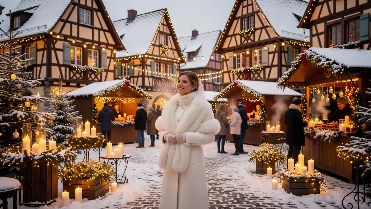 Décoration mariage d'hiver en Alsace avec bougies, fleurs blanches et ambiance marchés de Noël