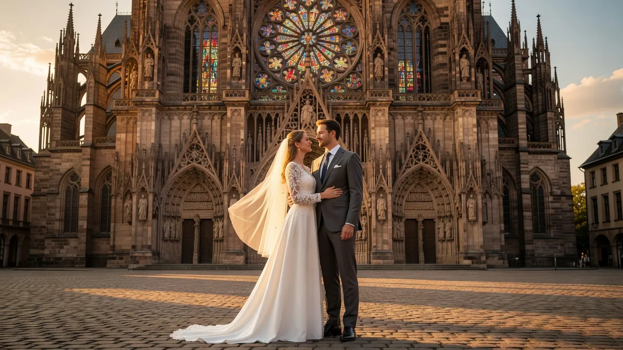 Cérémonie de mariage devant la cathédrale Notre-Dame de Strasbourg