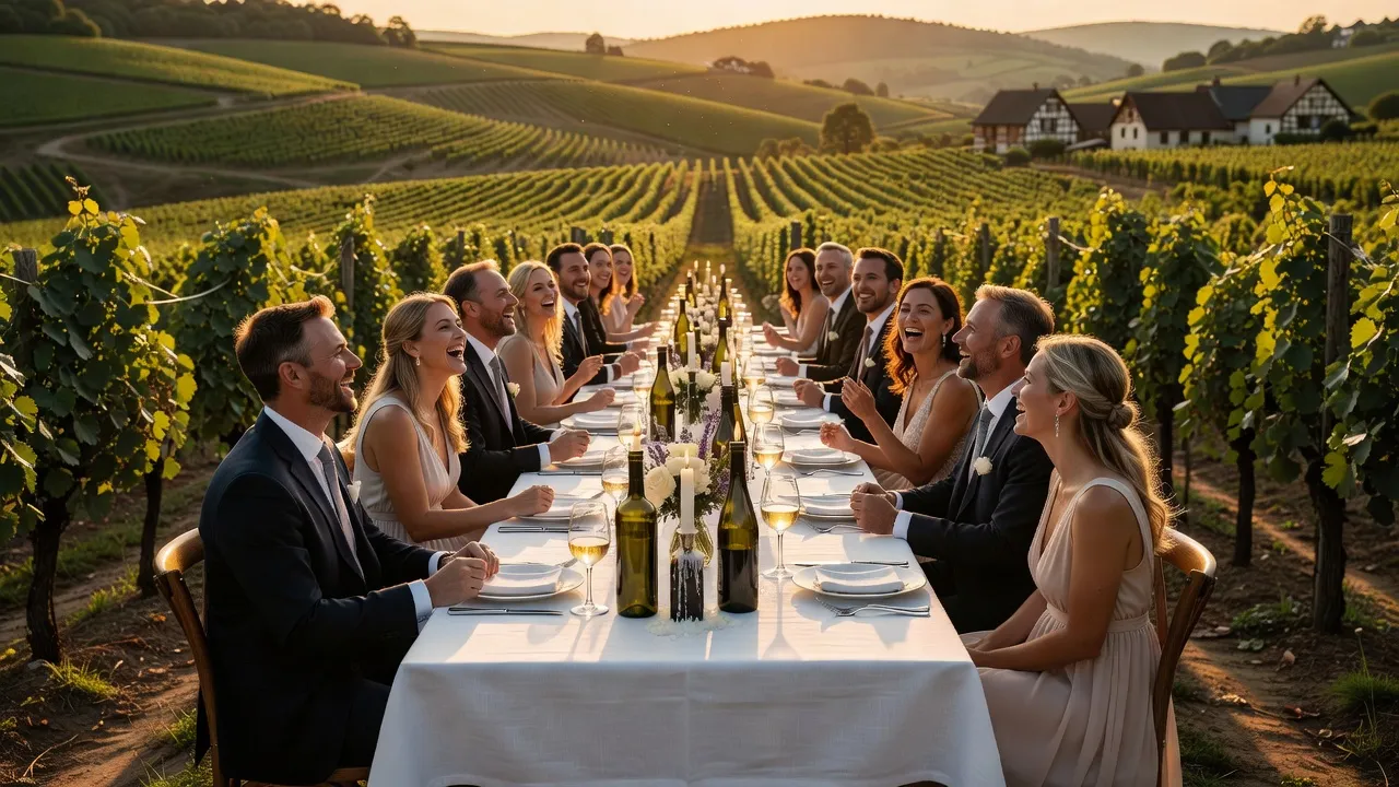Réception de mariage dans un vignoble alsacien à l'heure dorée avec tables élégantes et rangées de vignes