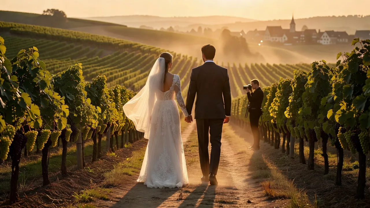 Photographe de mariage en Alsace capturant un couple devant une maison à colombages alsacienne