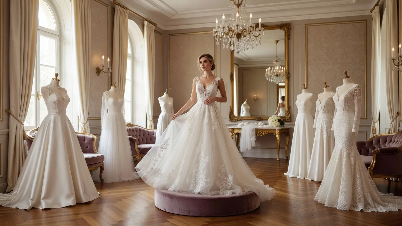 Robe de mariée en dentelle dans une boutique alsacienne