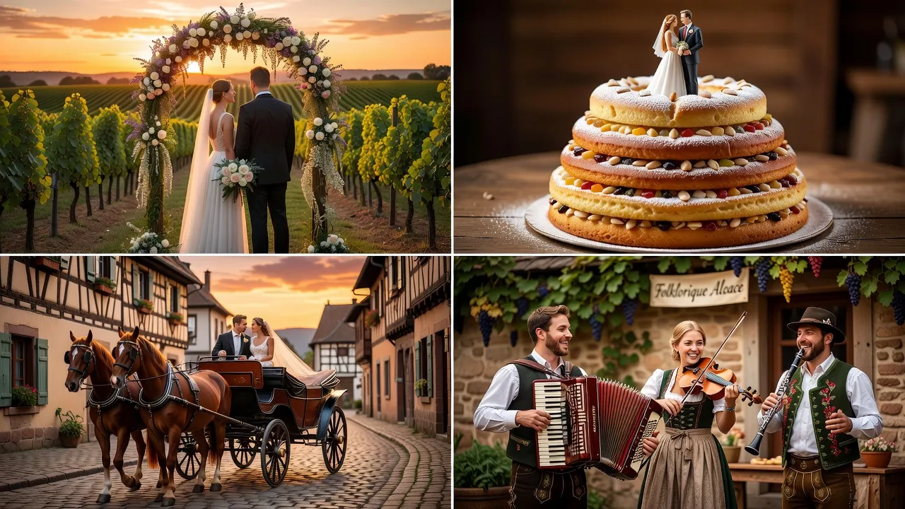 Collage d'inspirations mariage alsacien original : cave à vin, kougelhopf, calèche, musiciens folk