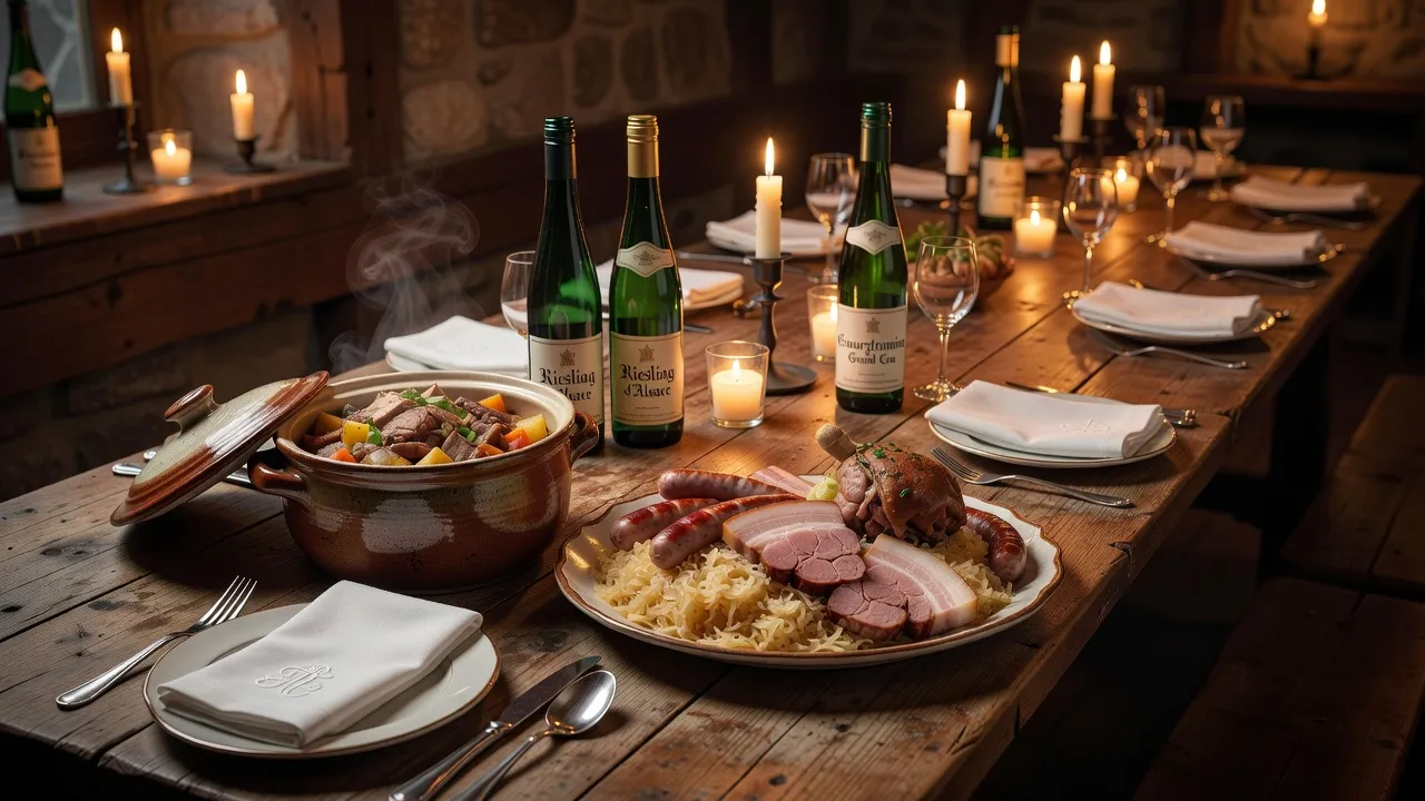 Banquet mariage alsacien avec baeckeoffe et choucroute garnie, bouteilles de vins d'Alsace et nappes en lin
